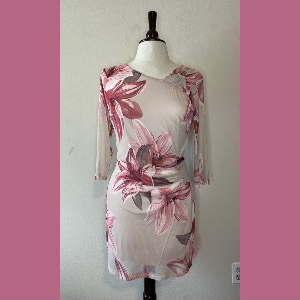 Pink & Nude Floral Ruched Quarter Sleeve Mini Dress